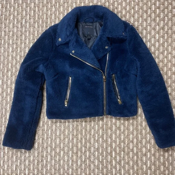 True Religion Faux Fur Moto Jacket S Dark Navy Blue Gold Women’s Sz XS NWOT - Picture 11 of 11